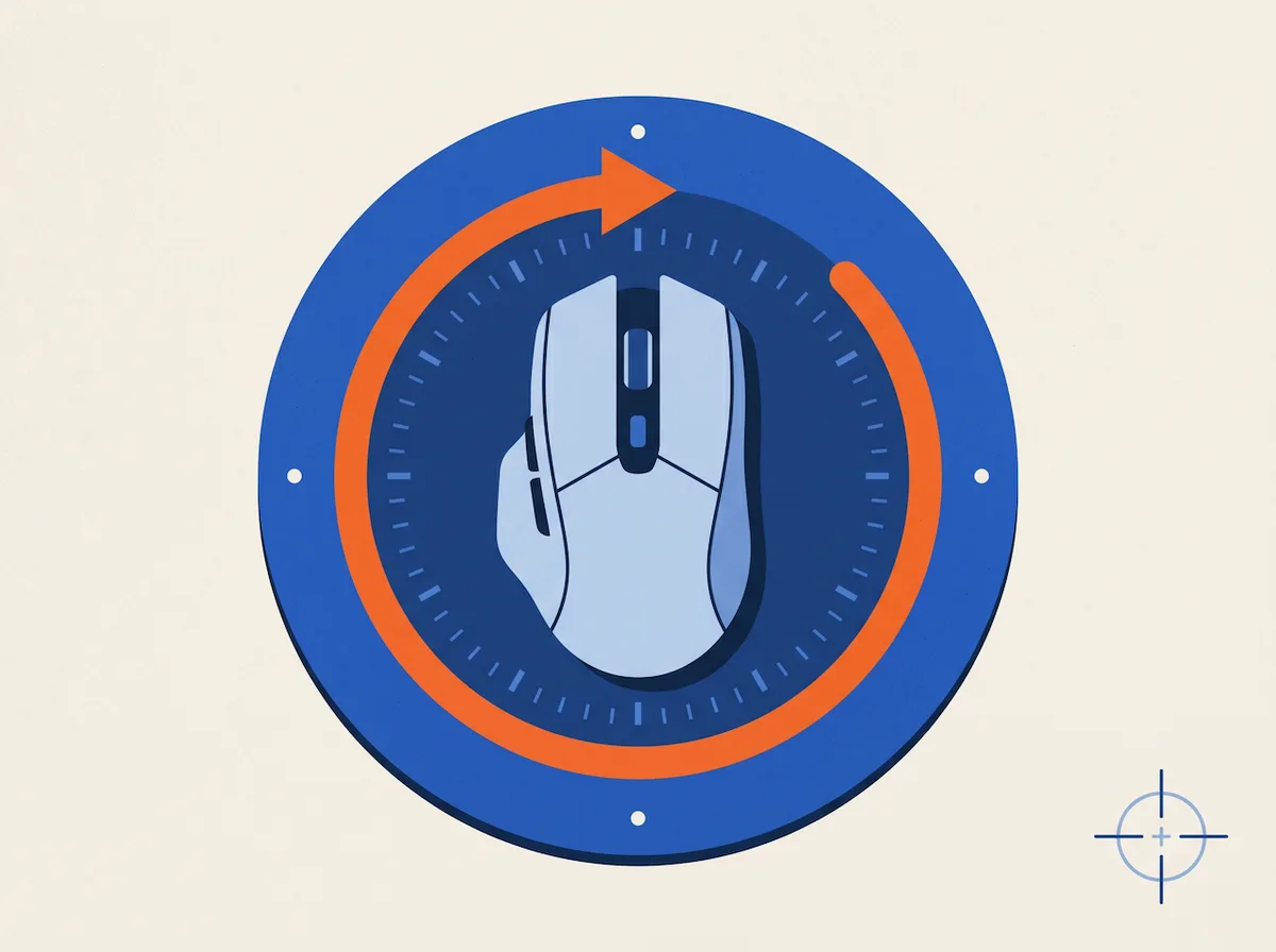 Flat illustration of a gaming mouse centered on a sensitivity dial, with an orange 360-degree arrow arcing around it on a warm off-white background